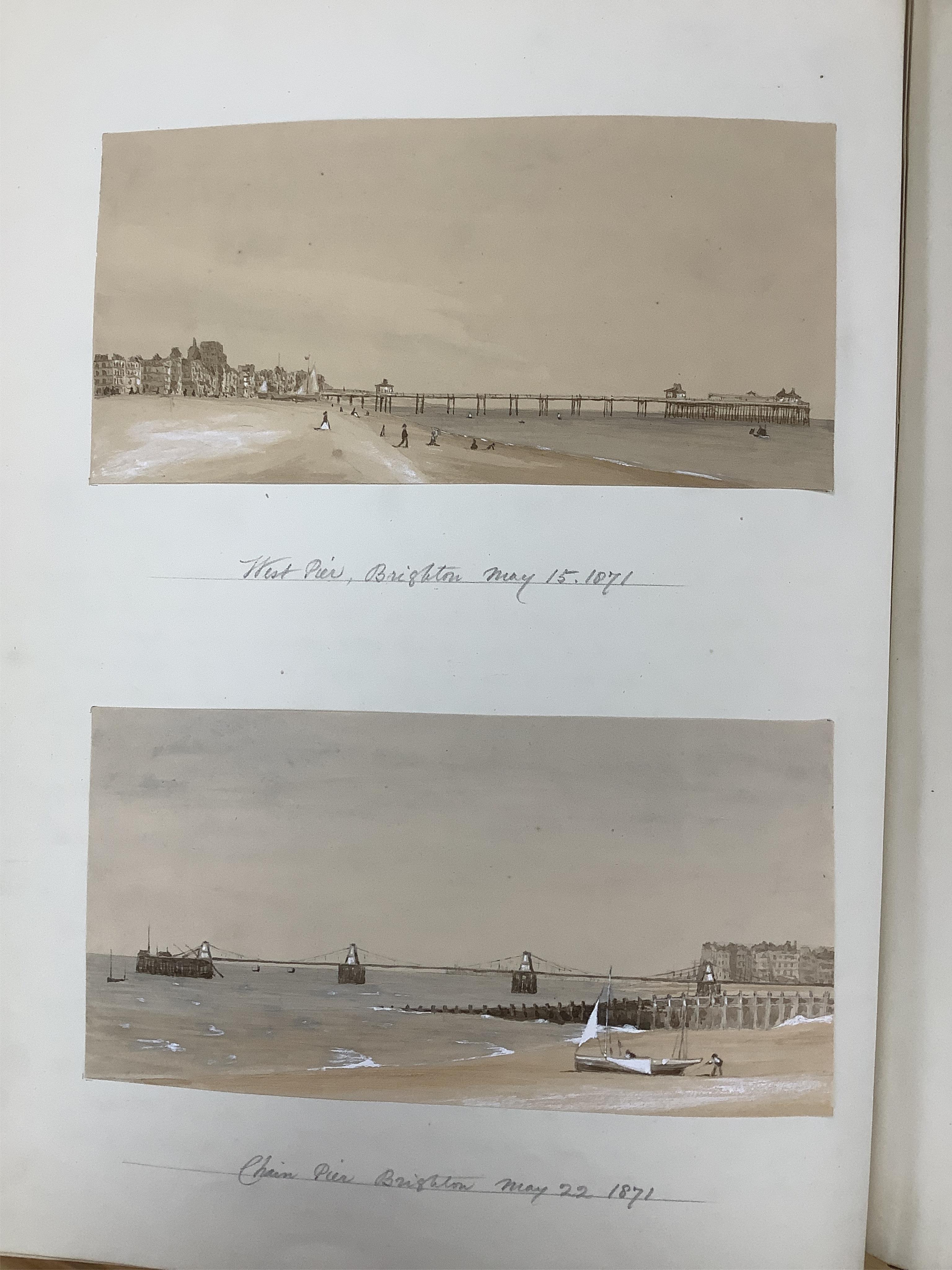 A Victorian leather bound album of watercolours and annotations, including View of Edenbridge from the window of Barnhawe House by F. R. Gore Esq., 1861 and Folkestone Harbour, Steamboat about to leave for Bologne, Augus